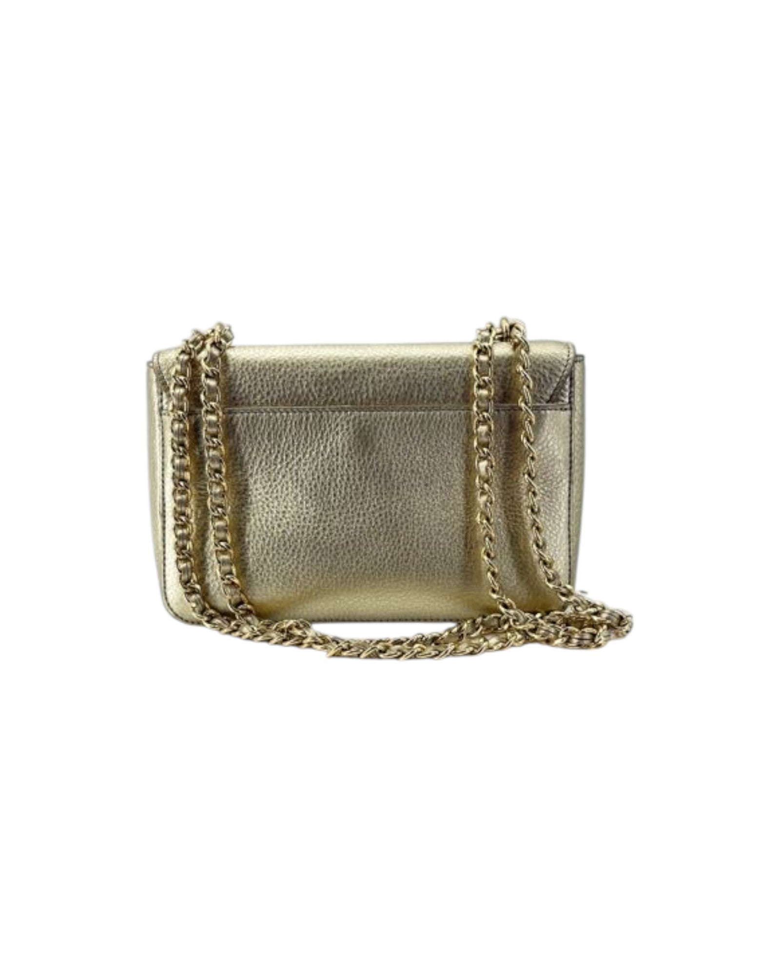 Gold handbag with chain strap on a white background