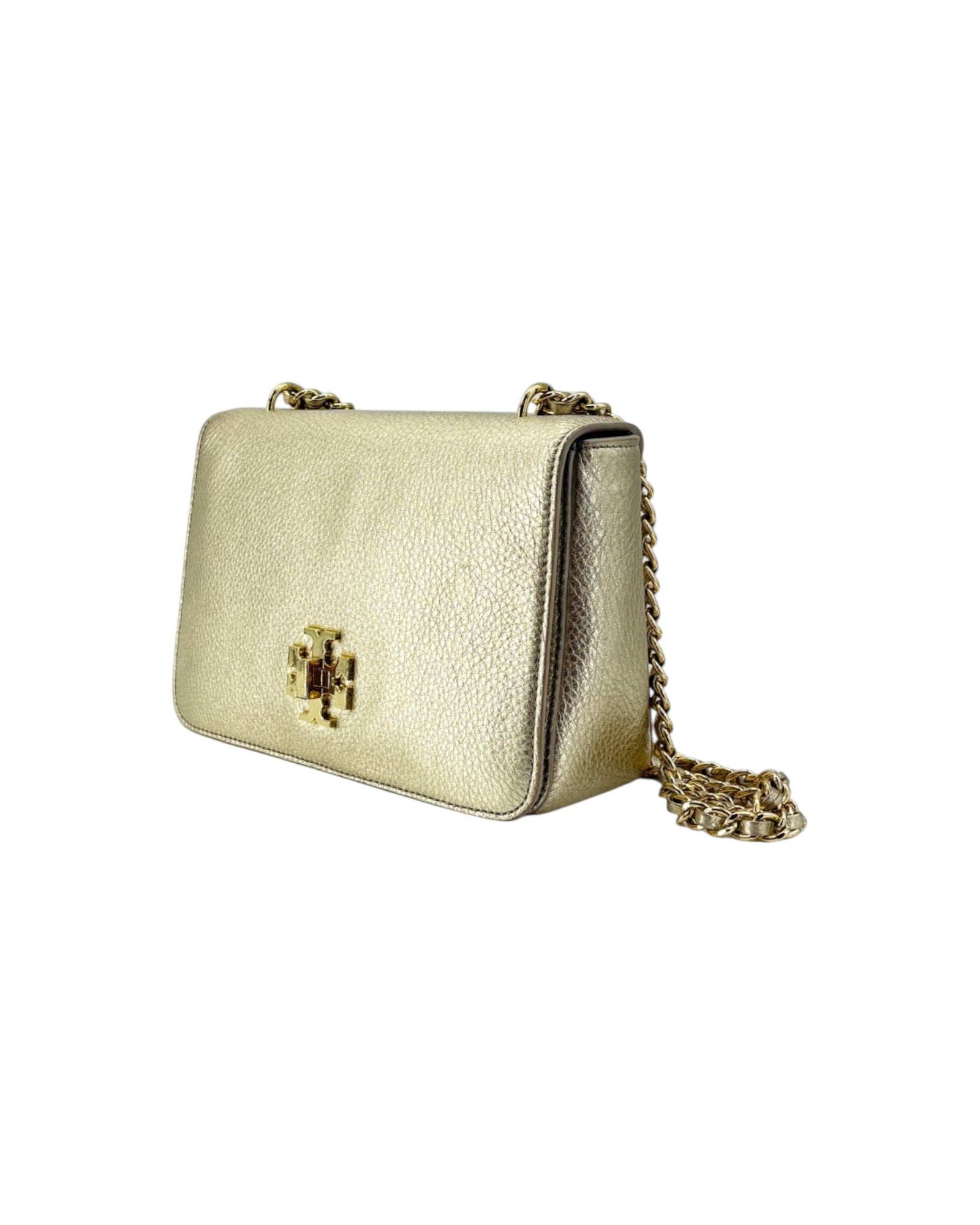 Gold handbag with a chain strap on a white background
