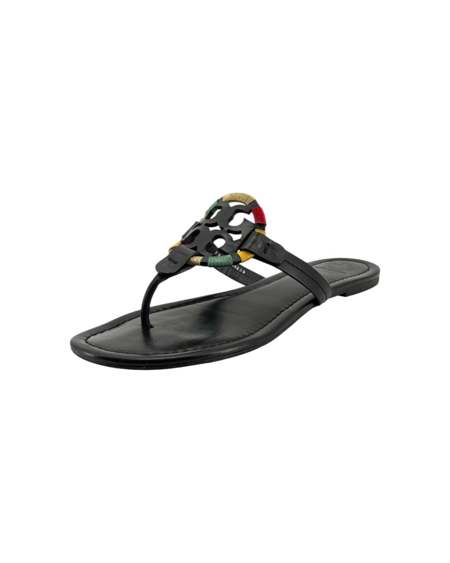 Black sandal with colorful accents on a white background