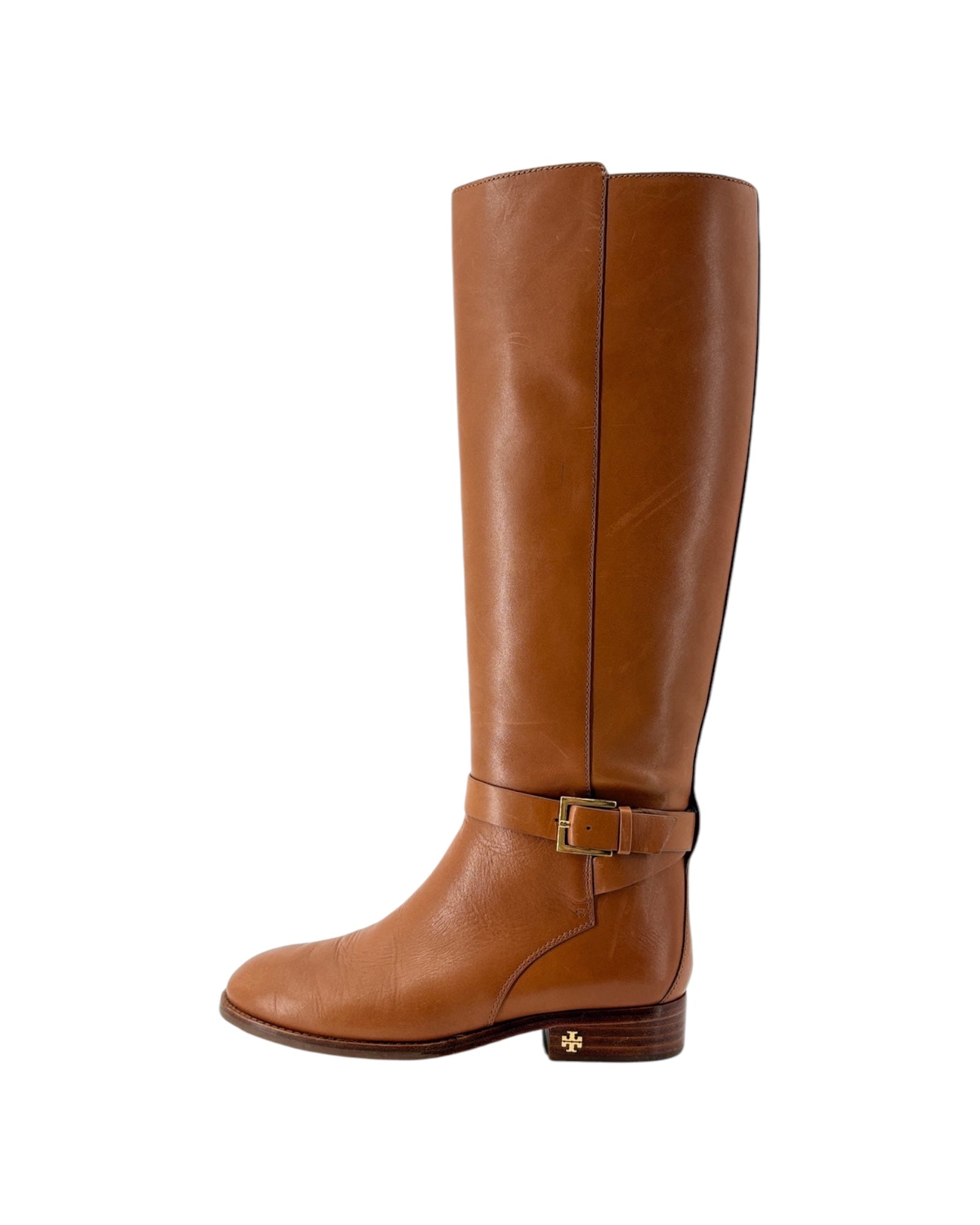 Brown leather knee-high boot with a buckle on a white background