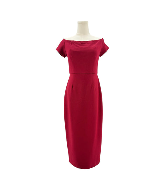 Trina Turk maroon red dress on a mannequin against a white background