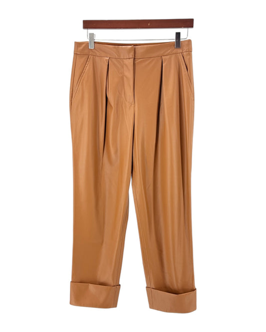 Tan pleated pants on a hanger against a white background