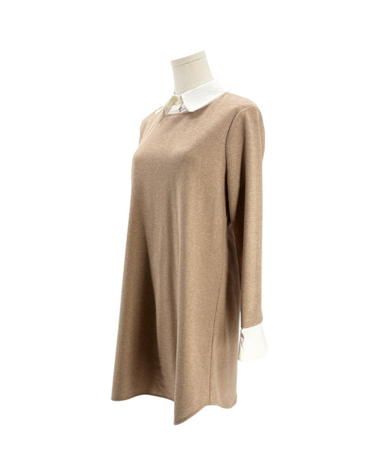A beige knit long-sleeve tunic dress displayed on a mannequin with a white collar and white cuffs, set against a plain white background.