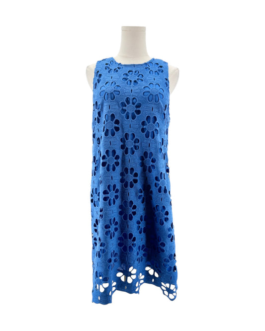 Blue lace dress on a mannequin against a white background