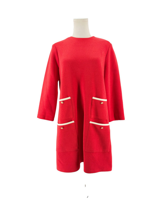Red Shift silhouette, structural double patch pockets with white contrast piping, gold button accents, 3/4 sleeves on a mannequin on a white background