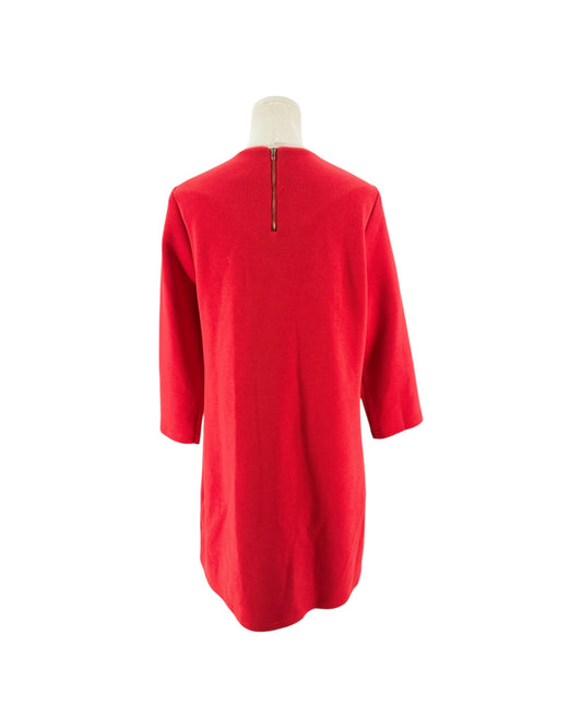 Red Shift silhouette, structural double patch pockets with white contrast piping, gold button accents, 3/4 sleeves on a mannequin on a white background