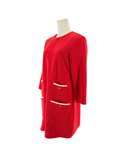 Red Shift silhouette, structural double patch pockets with white contrast piping, gold button accents, 3/4 sleeves on a mannequin on a white background