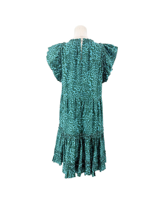 A green and black leopard-print dress with dramatic puff sleeves and a tiered ruffled hem, displayed on a mannequin against a plain white background.