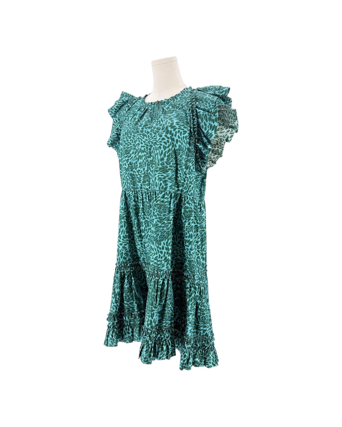 A teal green and black leopard print dress with ruffled cap sleeves and a tiered skirt, displayed on a mannequin torso against a white background.