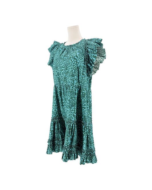 A teal green and black leopard print dress with ruffled cap sleeves and a tiered skirt, displayed on a mannequin torso against a white background.