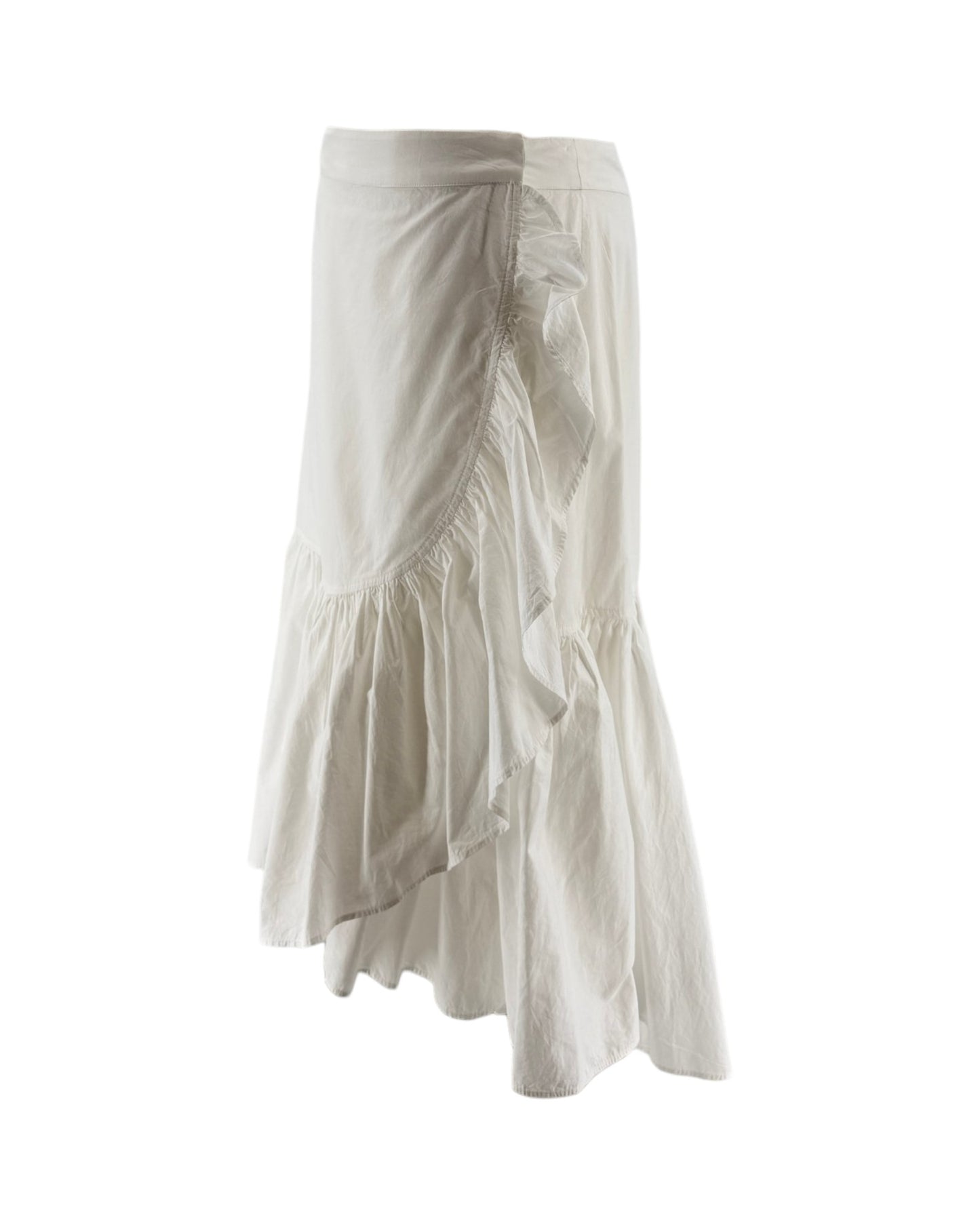 White skirt with ruffled layers on a white background