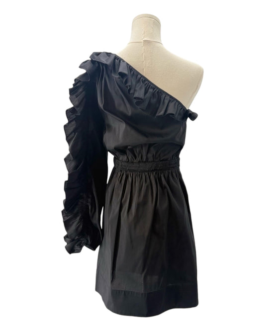 Black one-shoulder dress on a mannequin against a white background