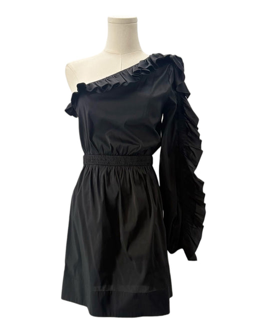 Black one-shoulder dress on a mannequin against a white background