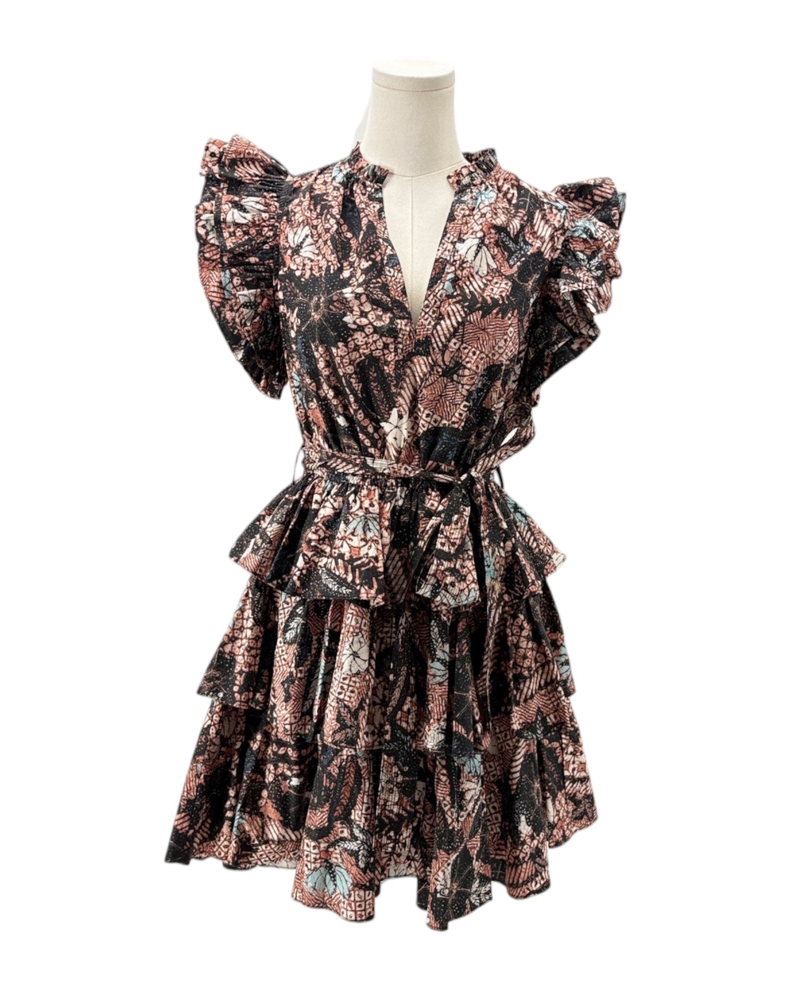 Floral patterned dress on a mannequin against a white background