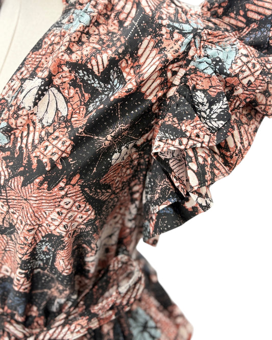 Close-up of a patterned fabric with butterfly design on a white background