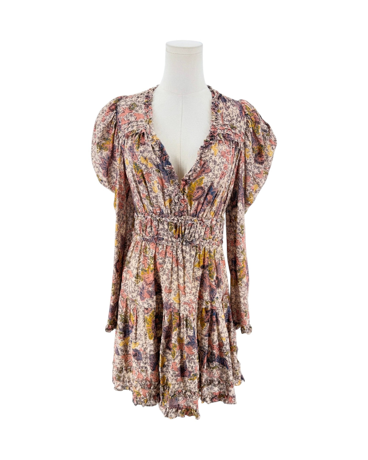 Floral Long sleeve v-neck mini dress on a mannequin on a white background