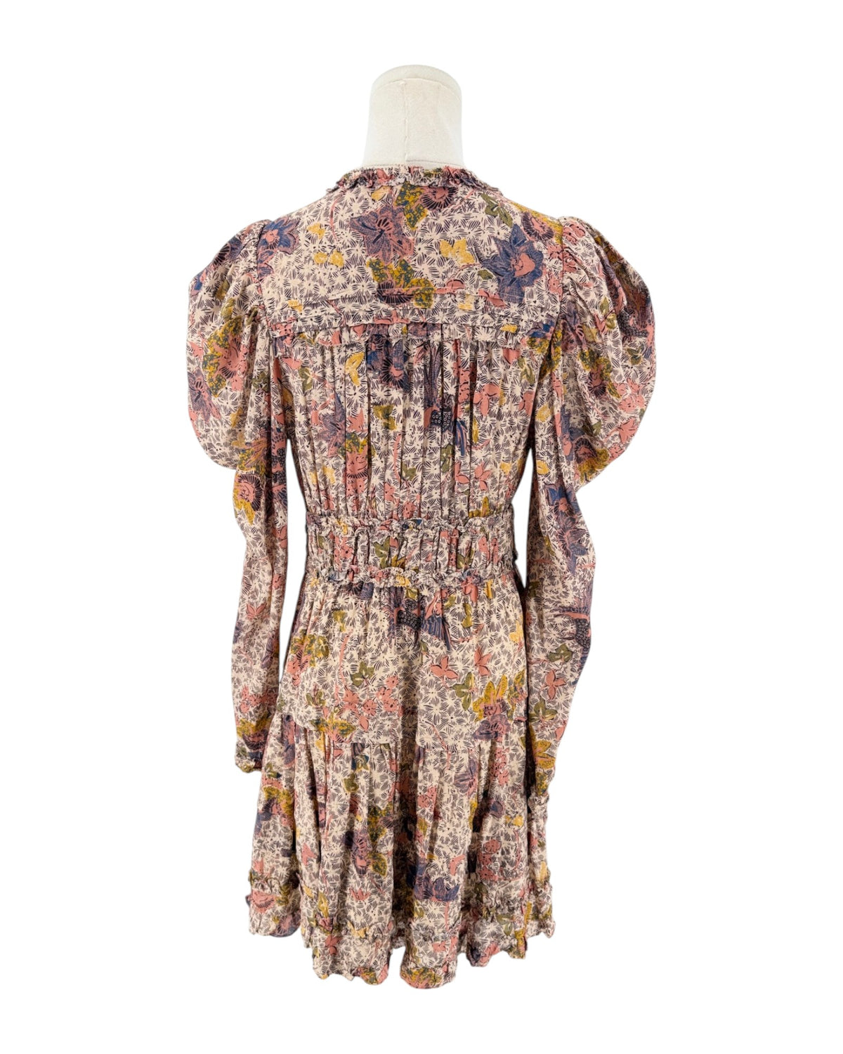 Floral Long sleeve v-neck mini dress on a mannequin on a white background