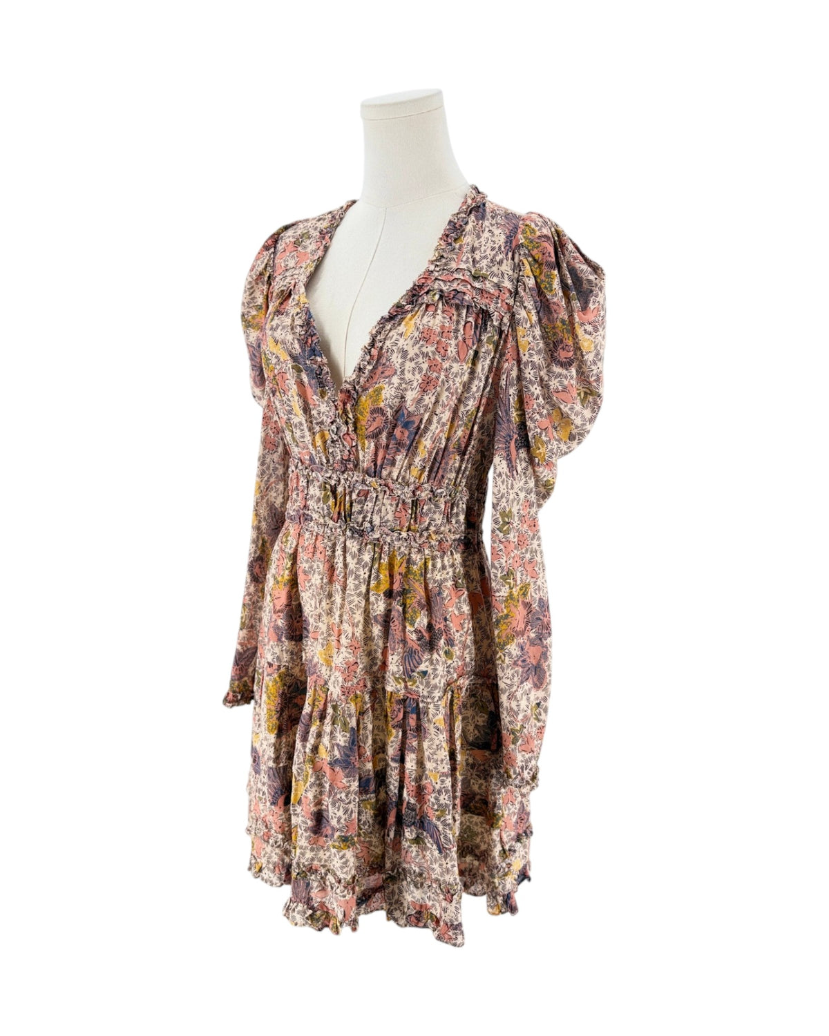 Floral Long sleeve v-neck mini dress on a mannequin on a white background