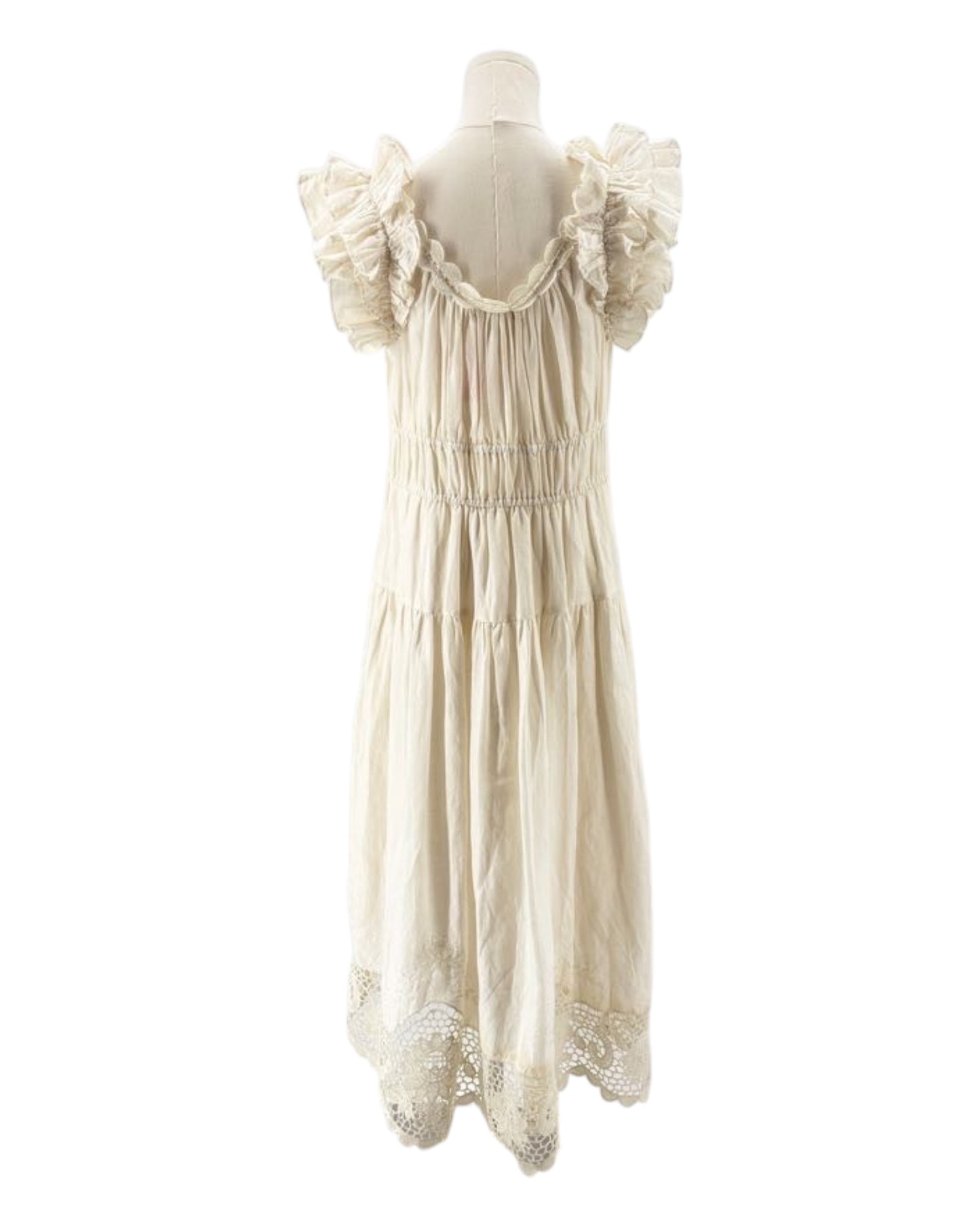 Ulla Johnson cream dress with ruffled sleeves on a mannequin against a white background