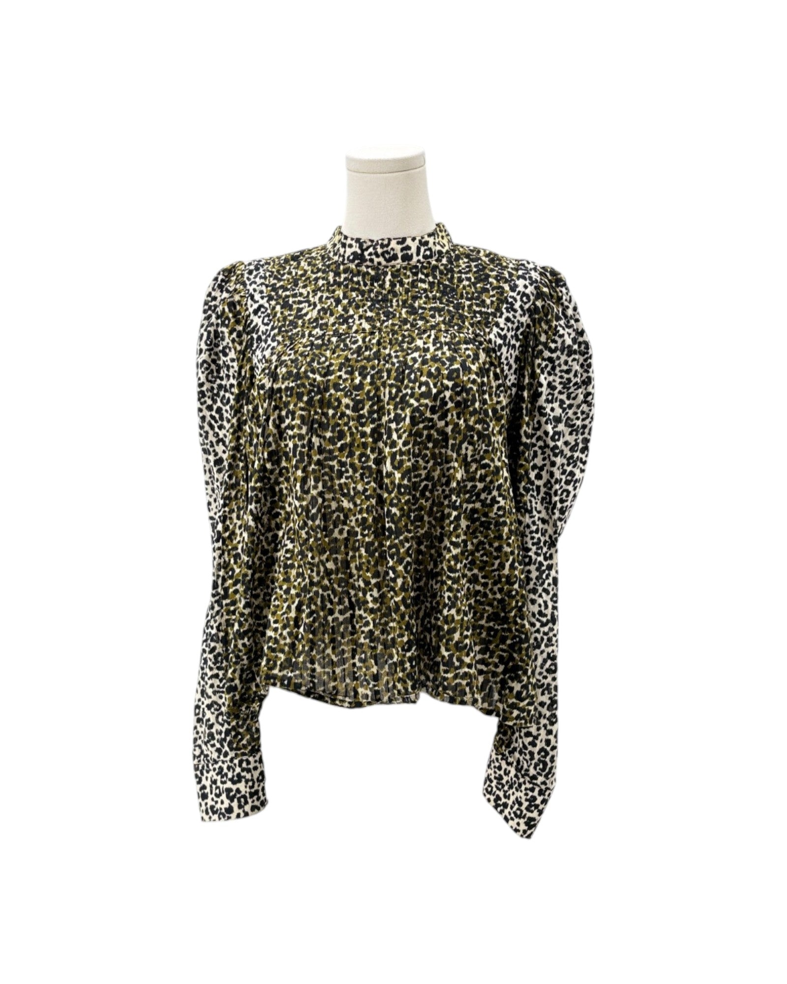 A leopard print long-sleeve blouse displayed on a mannequin torso against a plain white background.