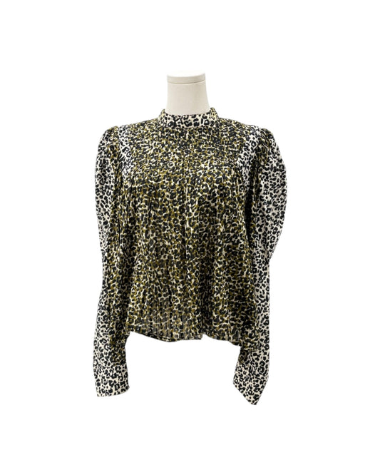 A leopard print long-sleeve blouse displayed on a mannequin torso against a plain white background.