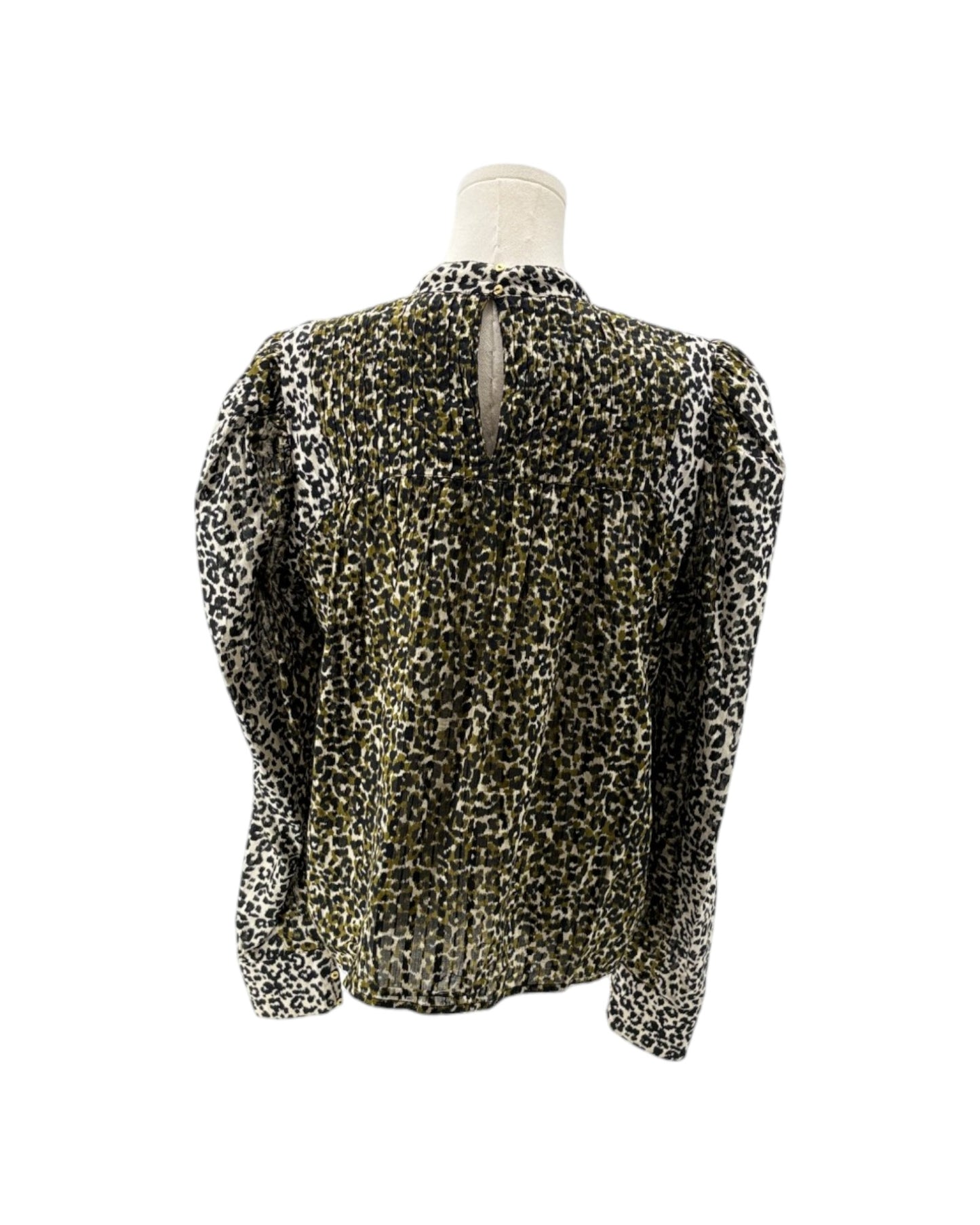 A leopard print long-sleeve blouse displayed on a mannequin torso against a plain white background.