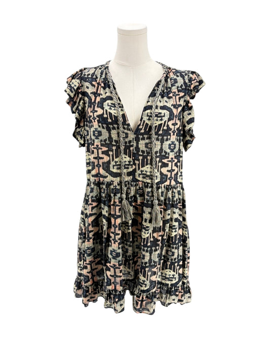 Patterned dress on a mannequin against a white background