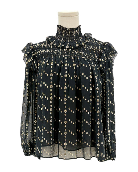 Ulla Johnson black blouse with gold pattern on a mannequin against a white background