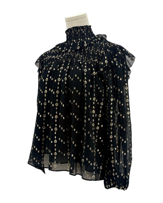 Ulla Johnson black blouse with gold pattern on a mannequin against a white background