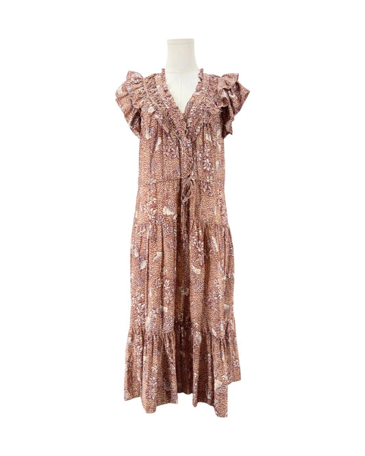 Multi color Floral print, midi length, double flutter sleeves, smocked neckline with delicate ruffles, buttoned placket, elastic waistband with drawstring ties dress on a mannequin on a white background