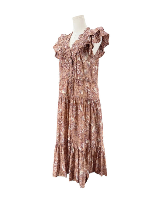 Multi color Floral print, midi length, double flutter sleeves, smocked neckline with delicate ruffles, buttoned placket, elastic waistband with drawstring ties dress on a mannequin on a white background
