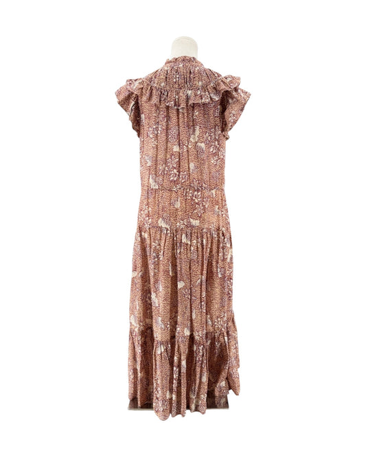 Multi color Floral print, midi length, double flutter sleeves, smocked neckline with delicate ruffles, buttoned placket, elastic waistband with drawstring ties dress on a mannequin on a white background