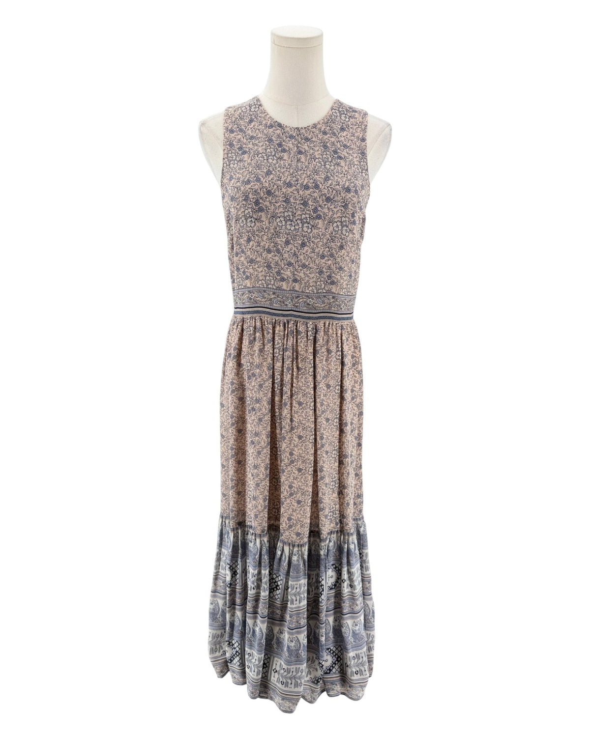 High neck floral midi dress on a mannequin on a white background