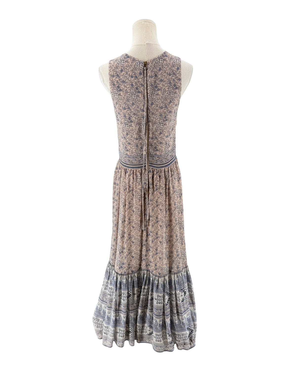 High neck floral midi dress on a mannequin on a white background