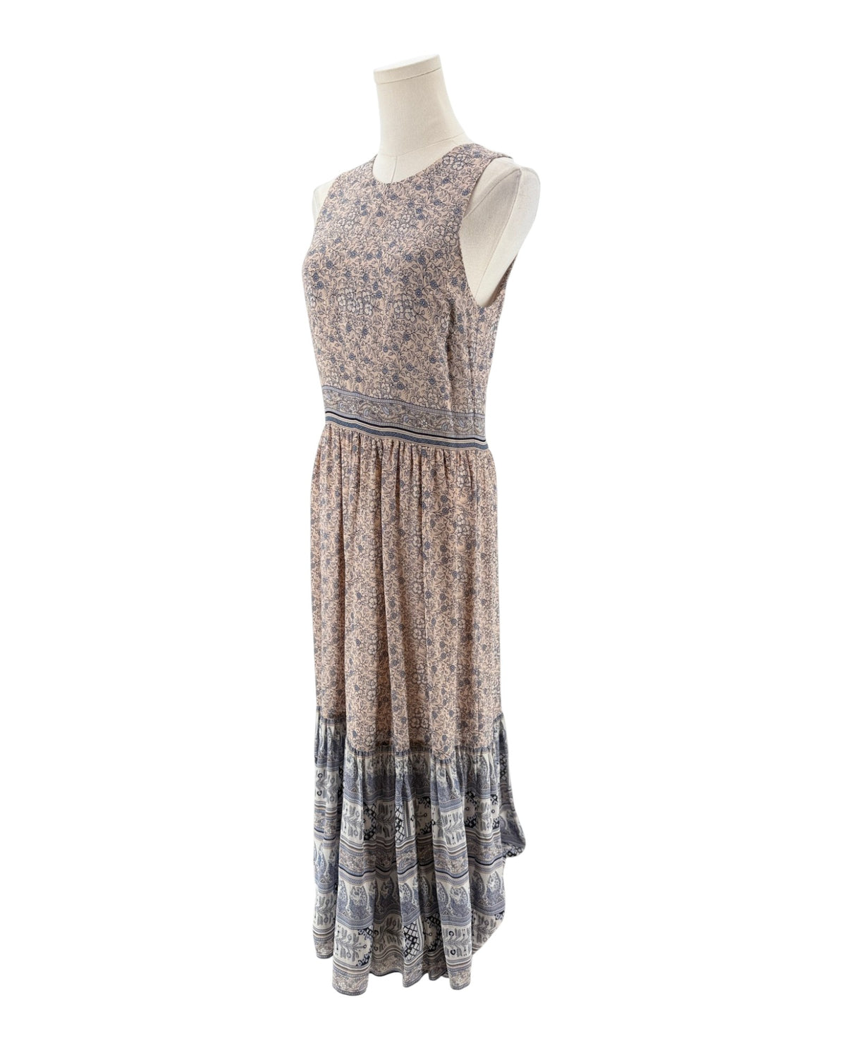 High neck floral midi dress on a mannequin on a white background
