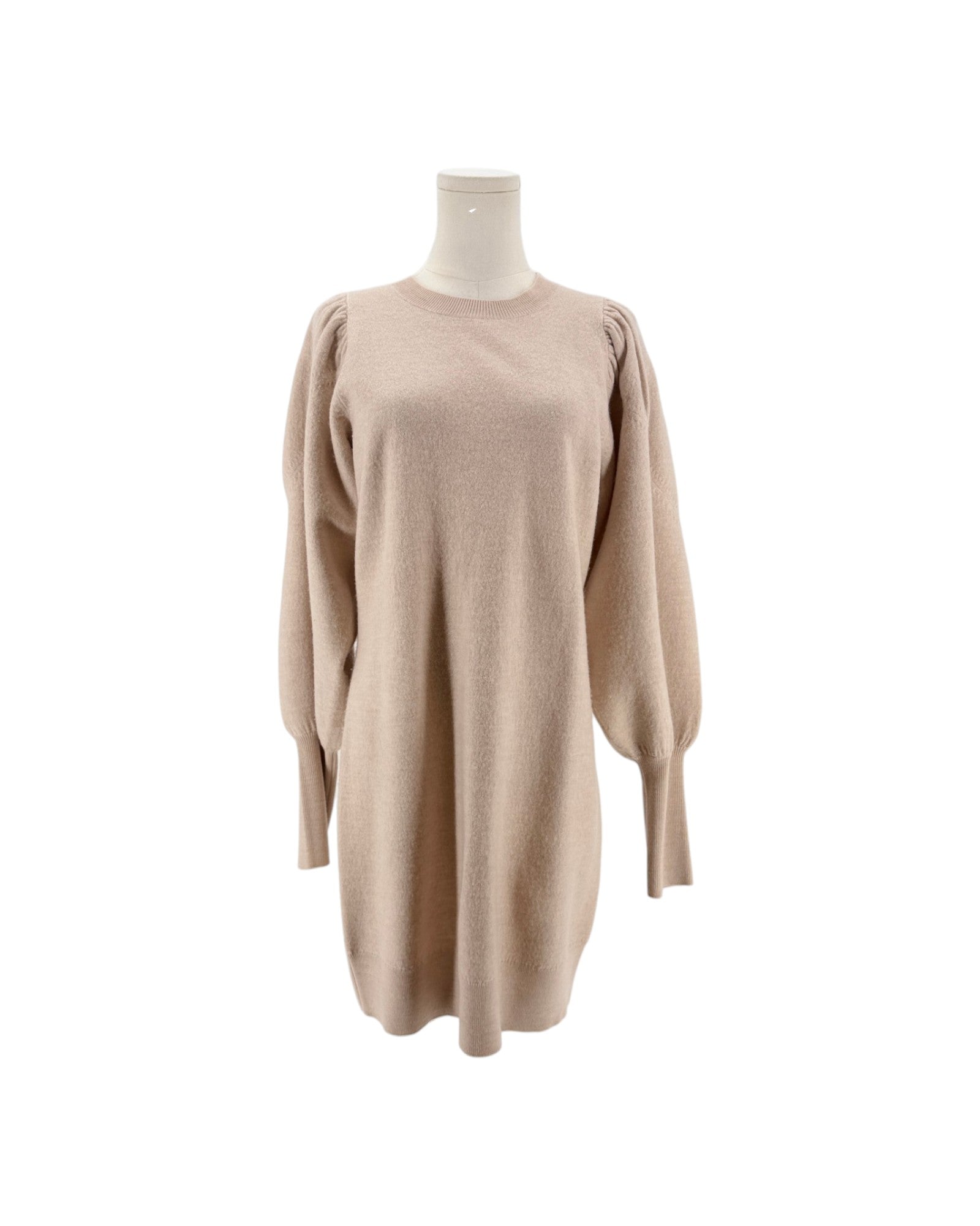 A light beige knit sweater dress with long balloon sleeves and gathered shoulder details, displayed on a mannequin torso against a plain white background.