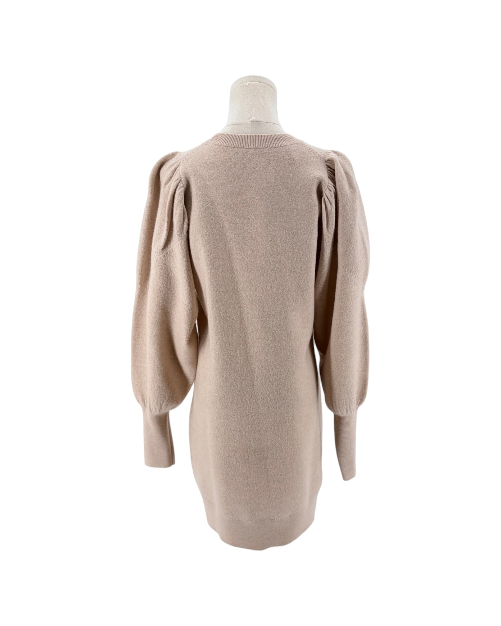 A light beige knit sweater dress with dramatic puffed balloon sleeves, shown from the back on a mannequin against a plain white background.