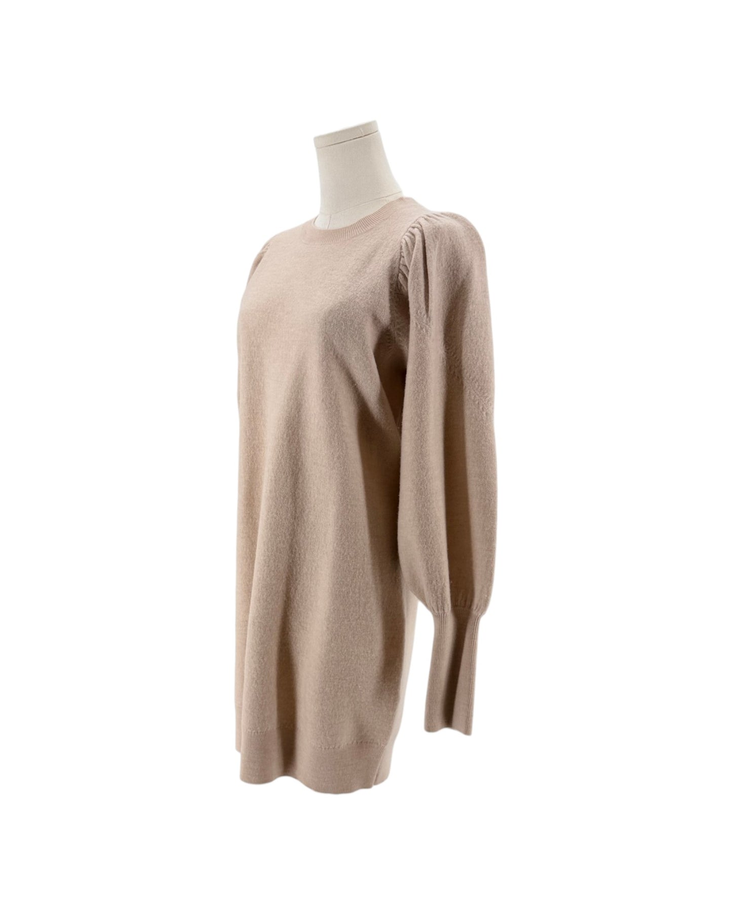 A light beige knit sweater displayed on a mannequin torso against a plain white background.