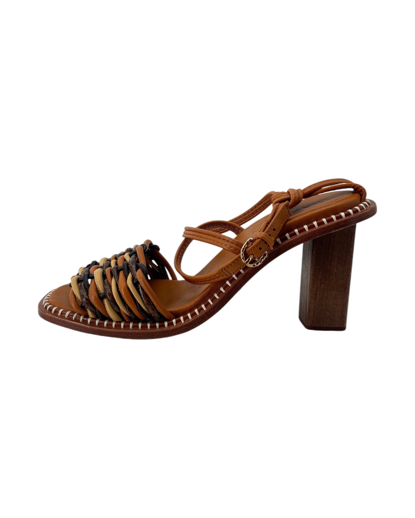 Brown sandal with a block heel on a white background
