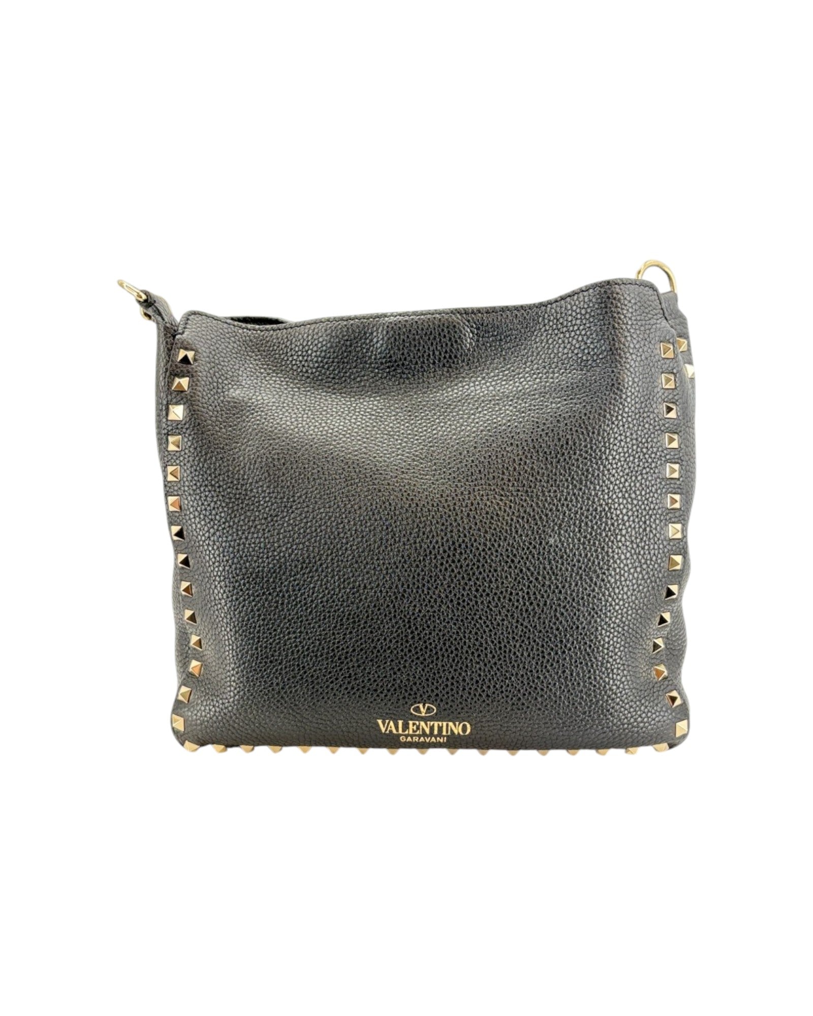 Black leather handbag with gold studs and 'Valentino' branding on a white background