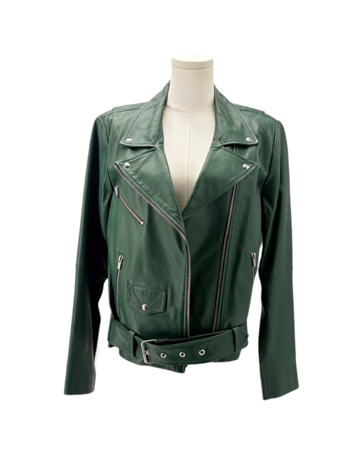 Green leather jacket on a mannequin against a white background