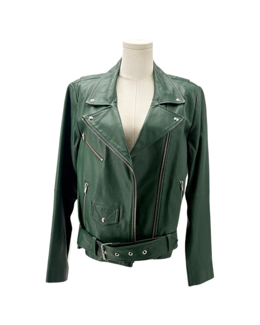 Green leather jacket on a mannequin against a white background