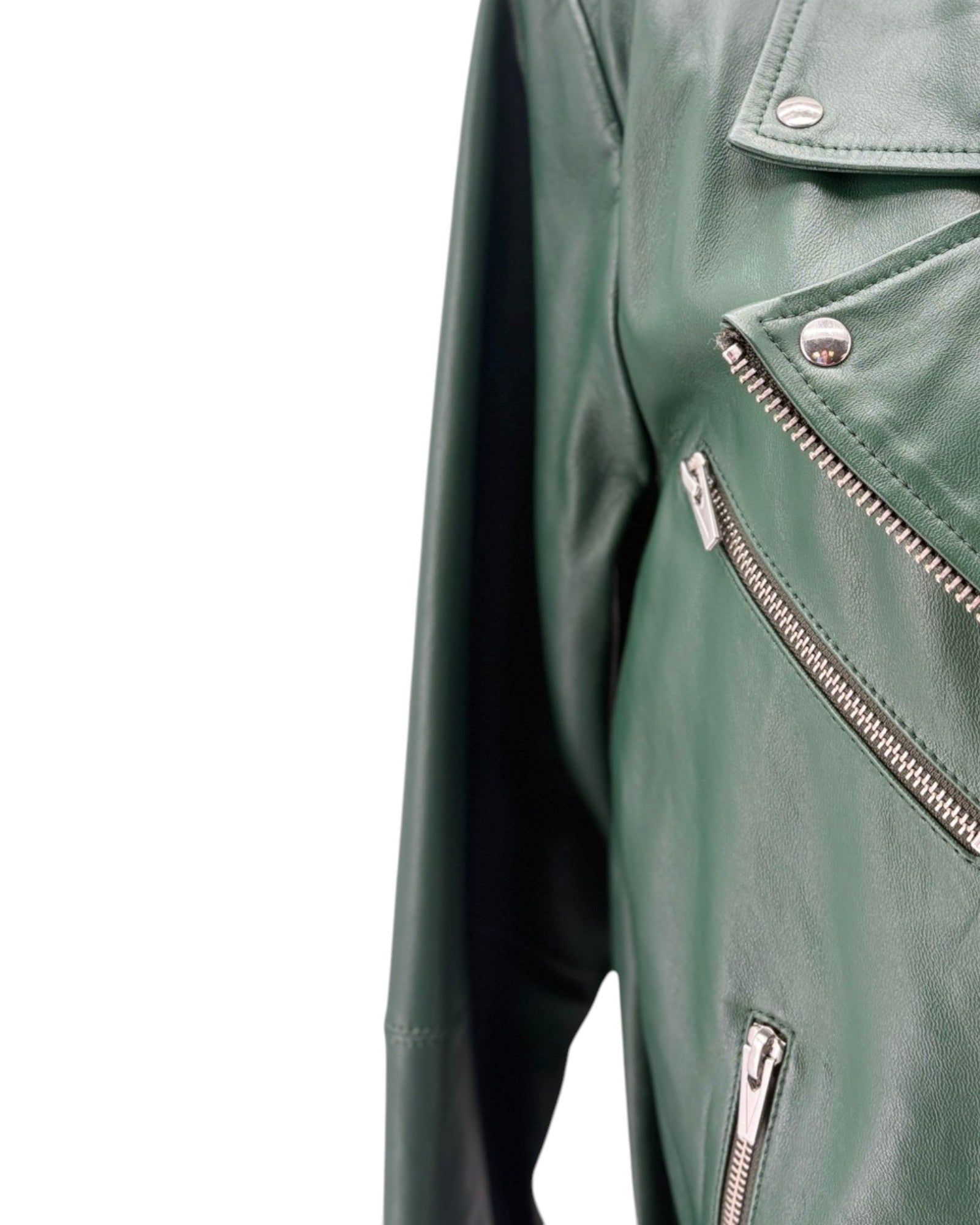 Green leather jacket with zippers on a white background