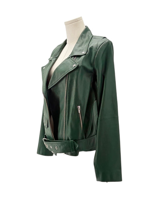 Green leather jacket on a mannequin against a white background