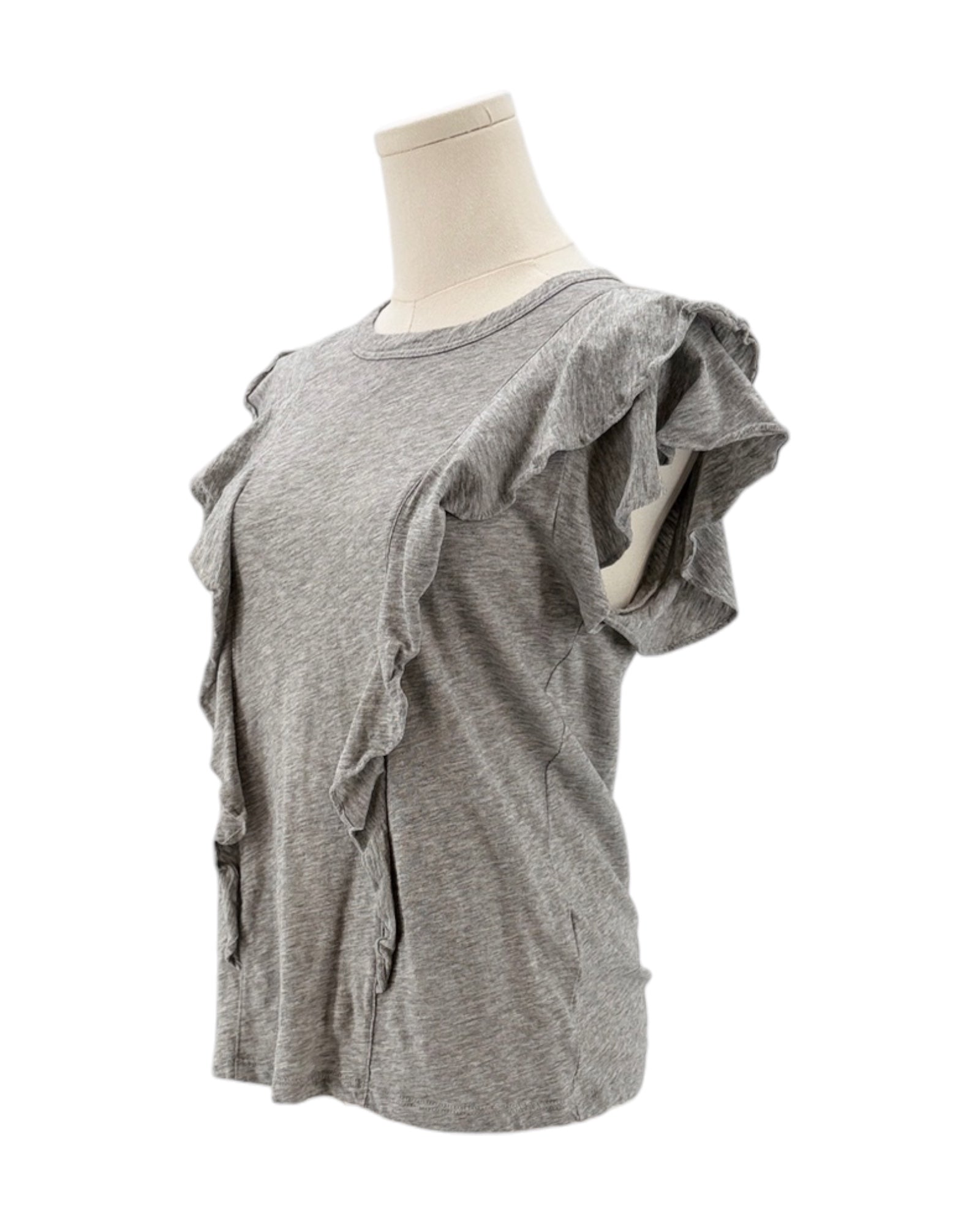 Gray ruffled top on a mannequin against a white background