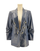 navy leather jacket on a mannequin against a white background