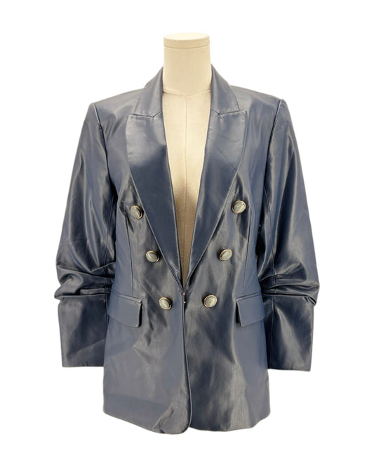 navy leather jacket on a mannequin against a white background