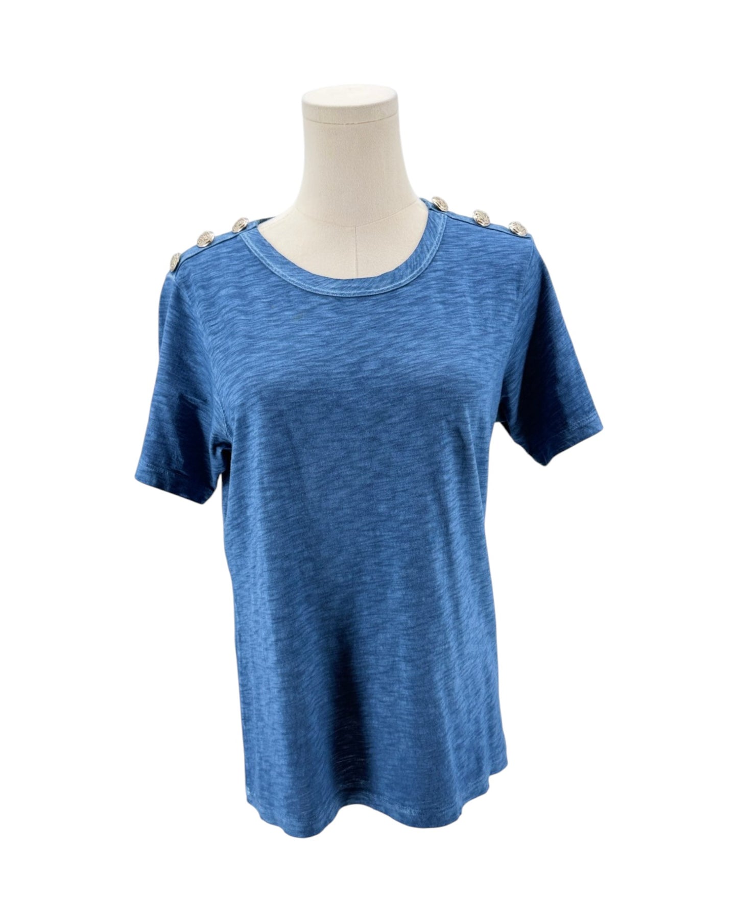 Blue t-shirt on a mannequin with a white background