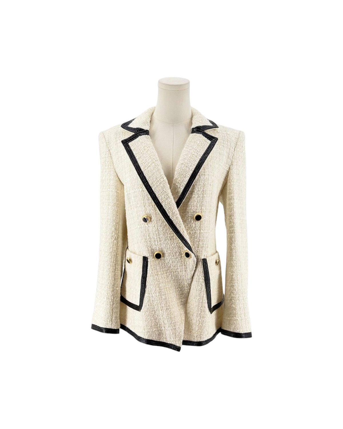 Metallic and Neutrals Tweed Pattern Blazer with Glitter Accents, Pointed Collar Patch Pockets, Button Closure on a mannequin on a white background