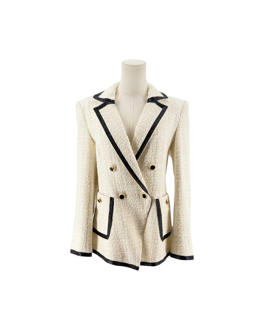 Metallic and Neutrals Tweed Pattern Blazer with Glitter Accents, Pointed Collar Patch Pockets, Button Closure on a mannequin on a white background
